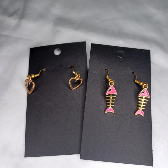 Hand Crafted Jewelry - 2 pair handmade fish bone and heart earrings